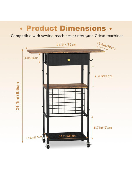 Mesa de Manualidades Rodante ORNAROVI con Almacenamiento Negro