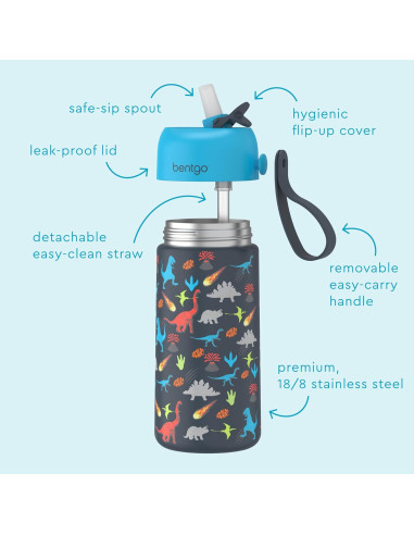 Botella de Agua Aislada Bentgo Kids 414 ml Dinosaurio - A Prueba de Fugas