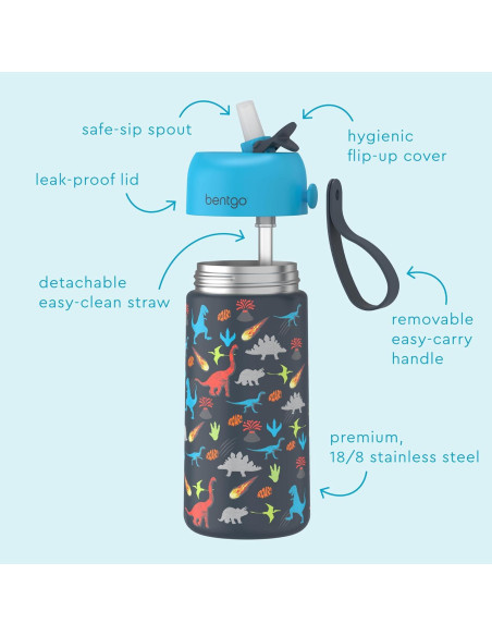 Botella de Agua Aislada Bentgo Kids 414 ml Dinosaurio - A Prueba de Fugas