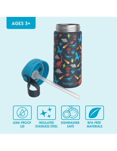 Botella de Agua Aislada Bentgo Kids 414 ml Dinosaurio - A Prueba de Fugas