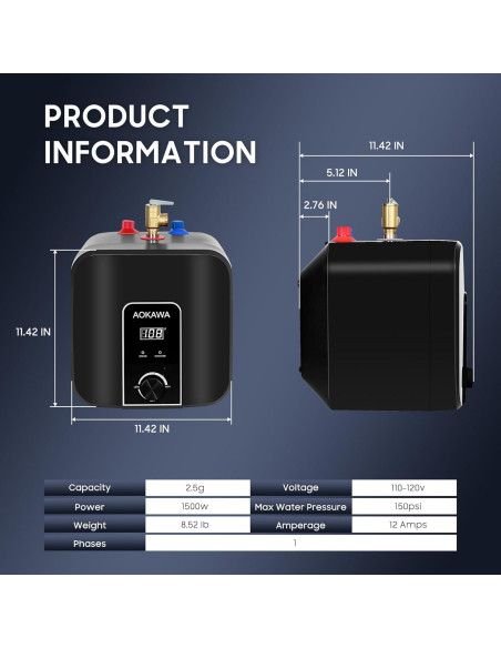 Calentador de Agua Eléctrico Aokawa 9.46L Bajo Fregadero