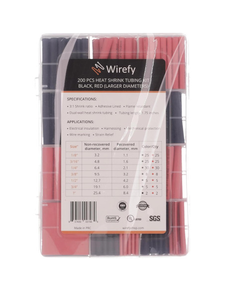 Kit de Tubos Termocontraíbles Wirefy 200pcs Negro y Rojo 3:1