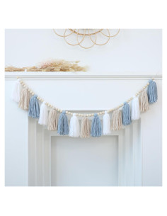 Guirnalda de Borlas Boho Azul con Cuentas de Madera 3.4m