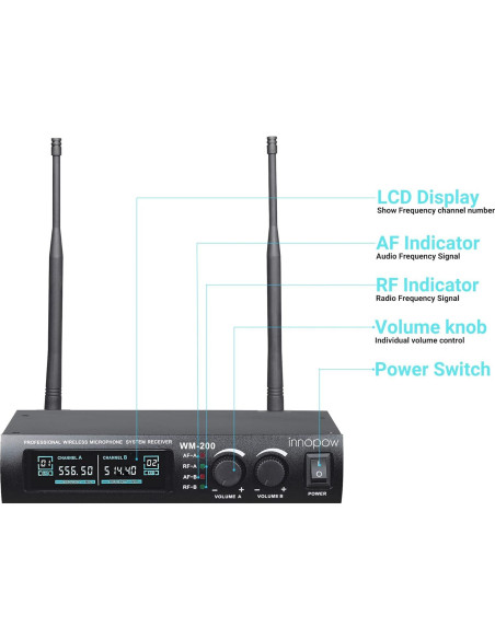 Sistema de Micrófono Inalámbrico Innopow WM200, 2 Micrófonos, 60m