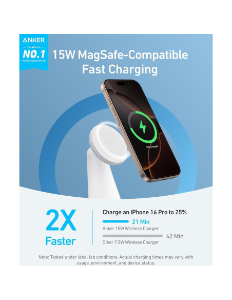 Cargador Inalámbrico 2-en-1 Anker MagSafe 15W Ajustable Blanco Cargador Inalámbrico 2-en-1 Anker MagSafe 15W Ajustable Blanco
