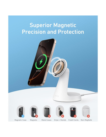 Cargador Inalámbrico 2-en-1 Anker MagSafe 15W Ajustable Blanco Cargador Inalámbrico 2-en-1 Anker MagSafe 15W Ajustable Blanco
