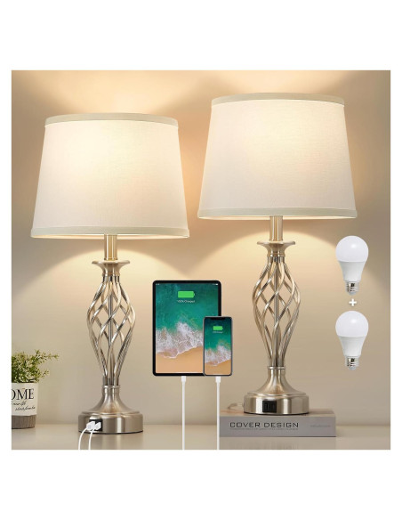 Juego de 2 Lámparas de Mesa EJIAXIN con Puertos USB y Bombillas LED