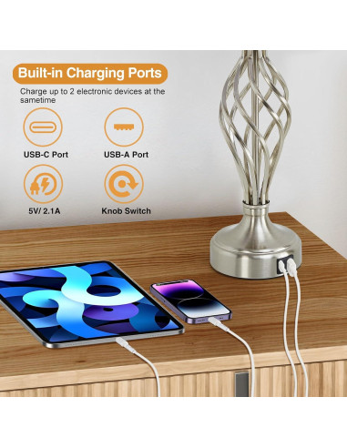 Juego de 2 Lámparas de Mesa EJIAXIN con Puertos USB y Bombillas LED