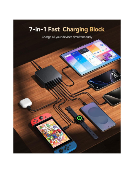 Cargador USB C 140W GaN III 7 Puertos Adaptador de Viaje