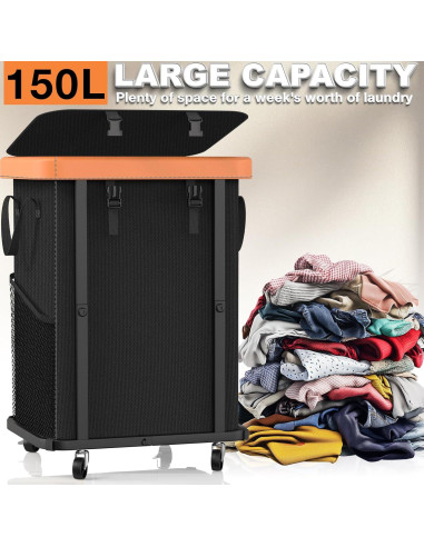 Cesta de Ropa Grande con Ruedas Alentar 150L Negra
