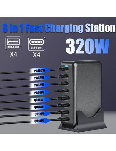 Cargador Rápido SITONG 320W GaN III 8 Puertos USB-C y A