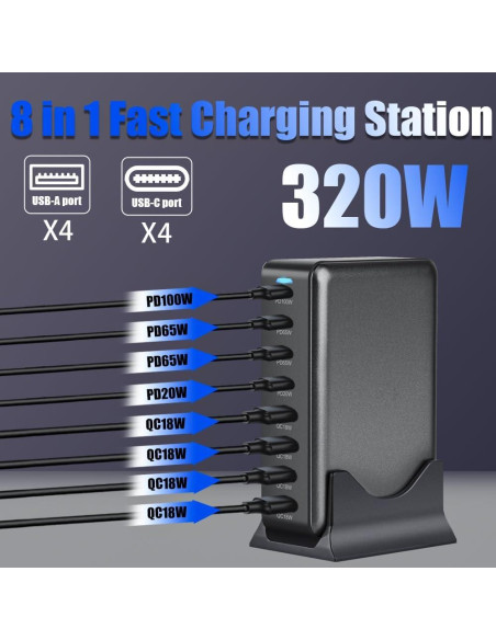 Cargador Rápido SITONG 320W GaN III 8 Puertos USB-C y A
