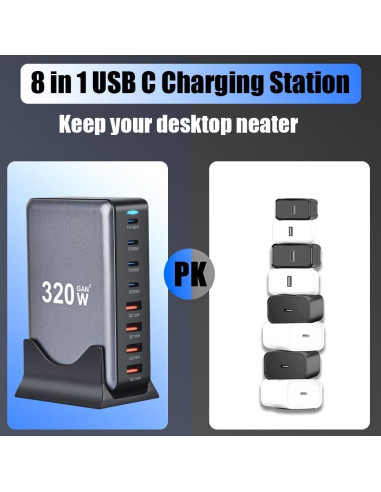 Cargador Rápido SITONG 320W GaN III 8 Puertos USB-C y A