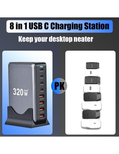 Cargador Rápido SITONG 320W GaN III 8 Puertos USB-C y A