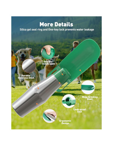 Botella de Agua para Perros PETNF 0.8L Acero Inoxidable Verde