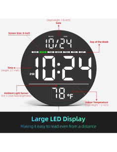 Reloj de Pared Digital XUANZIT 8" LED Auto-Brillo Temperatura 2
