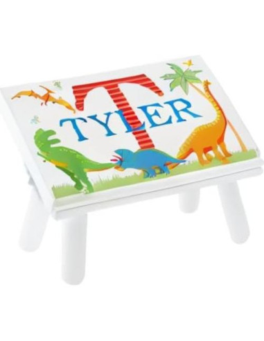 Escalera Personalizada para Niños Vamos a Hacer Recuerdos - Dinosaurio - Madera Blanca - 35.56x23.50x22.23 cm