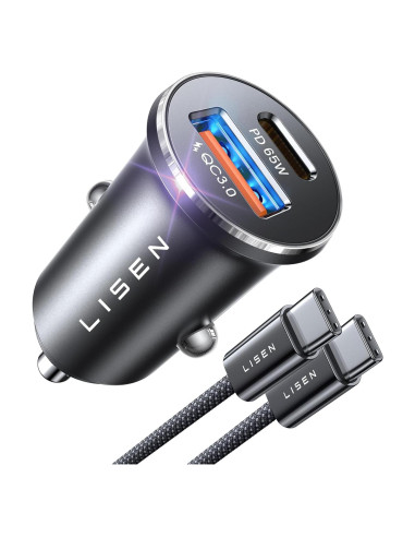 Cargador de Coche USB C LISEN 65W PD y QC para iPhone y Android