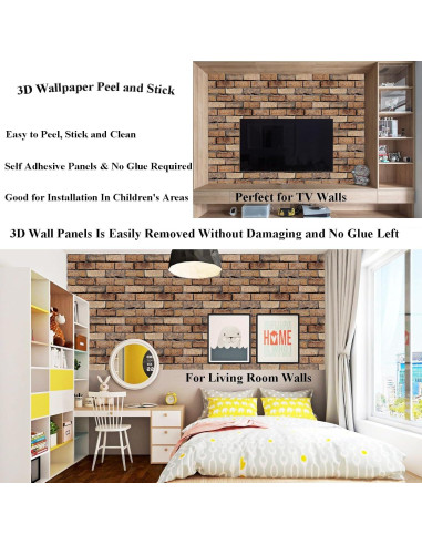 Paneles de Pared 3D Autoadhesivos Veczom Ladrillo Rojo 10 Unidades