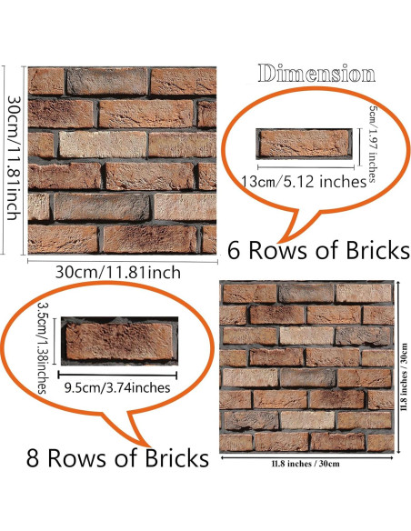 Paneles de Pared 3D Autoadhesivos Veczom Ladrillo Rojo 10 Unidades