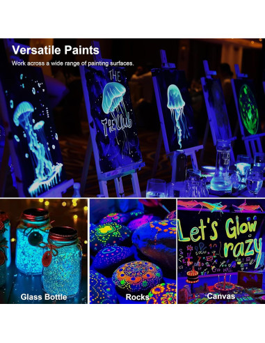 Pintura Acrílica Neón AUREUO 8 Colores Brillan en Oscuridad 21ml