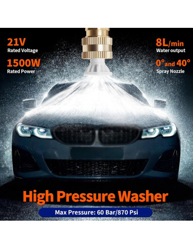 Lavadora a Presión Inalámbrica 21V 1500W con 2 Baterías 2Ah