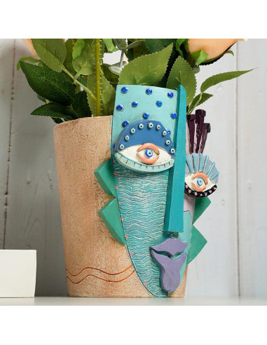 Maceta de Resina BJVF Grande con Drenaje - Cara Abstracta 20cm