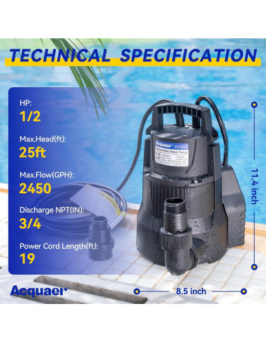 Bomba de Sump Acquaer 1/2 HP Automática 2450 GPH Drenaje