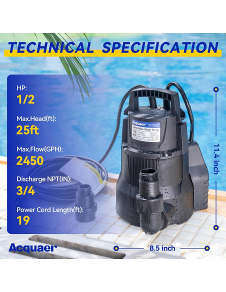 Bomba de Sump Acquaer 1/2 HP Automática 2450 GPH Drenaje