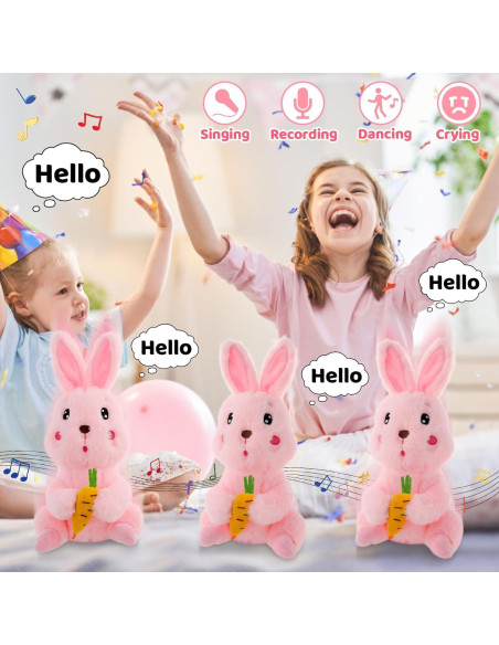 Conejo de Peluche Emoin Rosa Interactivo 22.86 cm Canta y Llora