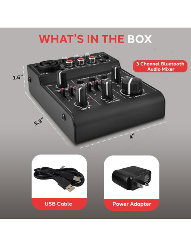 Mezclador de Audio Bluetooth Pyle PAD30MXUBT.5 - 3 Canales, USB