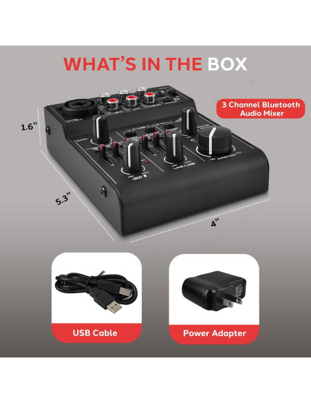 Mezclador de Audio Bluetooth Pyle PAD30MXUBT.5 - 3 Canales, USB