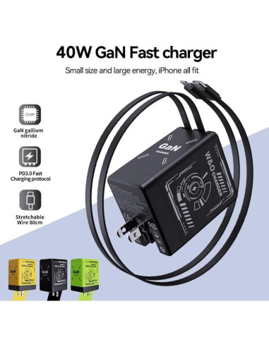 Cargador Hatalkin W&O 2 en 1 GaN 40W con Cables Retráctiles