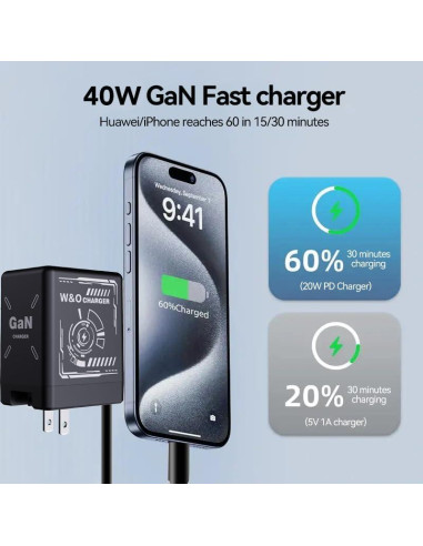 Cargador Hatalkin W&O 2 en 1 GaN 40W con Cables Retráctiles