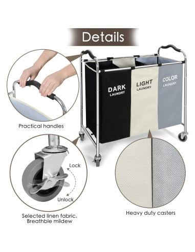 Cesta de Ropa con Ruedas YUELAN 240L 3 Secciones Impermeable