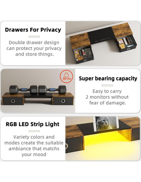 Soporte Doble para Monitor YAOHUOO con Luz LED y 2 Cajones