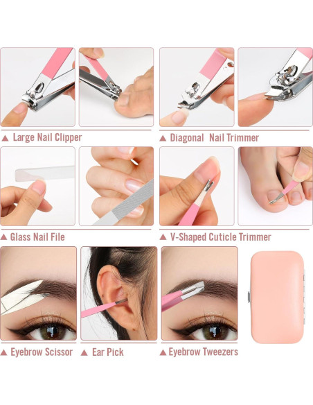 Kit de Manicura Portátil Fenlebeneil 8 Piezas Rosa