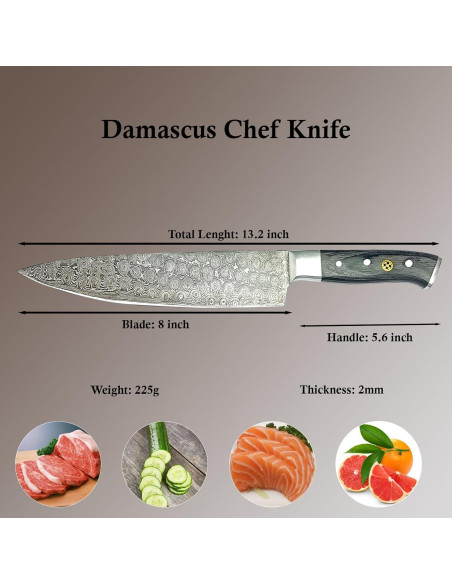 Cuchillo de Chef 20.32 cm Damasco Genérico Mango Pakka