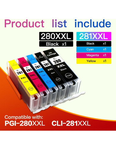 Tinta Compatible Canon PGI-280XXL CLI-281XXL - Paquete 5 Piezas