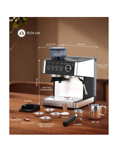 COWSAR Máquina de Espresso CM8031 15 Bar con Molinillo y Espumador