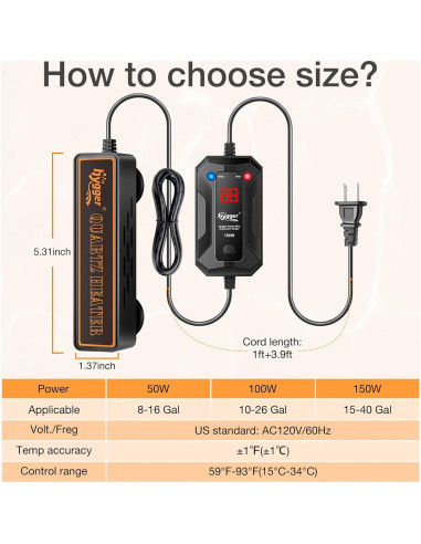 Calentador de Acuario Mini Hygger 150W para 15-40 Galones