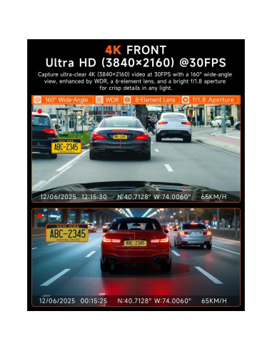 Cámara Dash 4K GT820 Doble Canal 345 Fisheye WiFi GPS