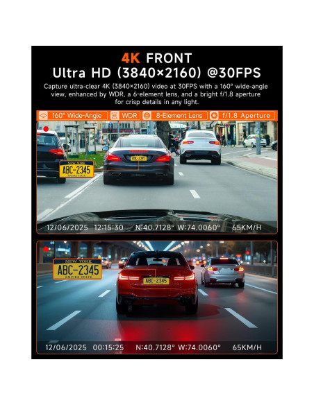 Cámara Dash 4K GT820 Doble Canal 345 Fisheye WiFi GPS