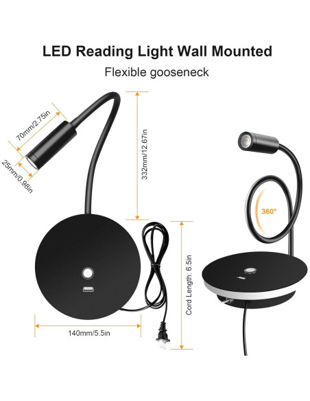 Luz de Lectura de Pared ERAY con USB y 3 Colores - Paquete de 2