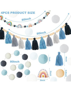 Guirnalda de Fieltro Boho QOUBAI 4 Pcs Decoración Aula Azul 2