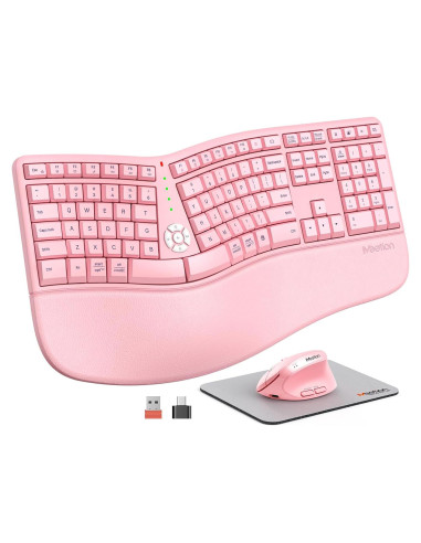 Teclado y Ratón Ergonómicos Meetion Rosa Inalámbricos USB