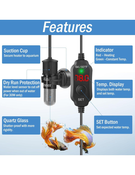 Calentador de Acuario Mini Waayon 30W Ajustable 15-23L