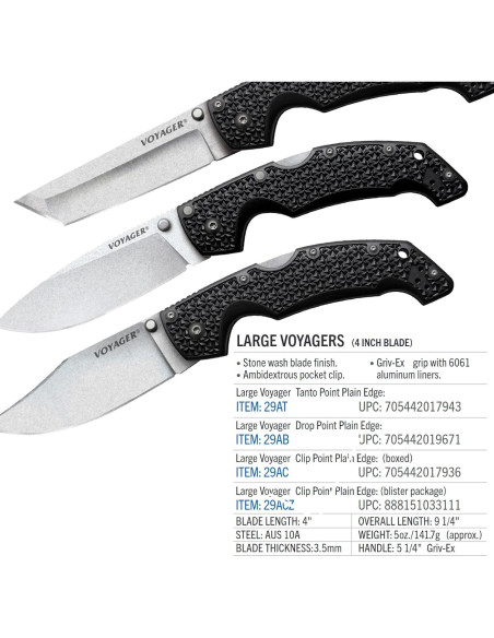 Cuchillo Plegable Cold Steel Voyager Grande Punta Tanto 10.16 cm
