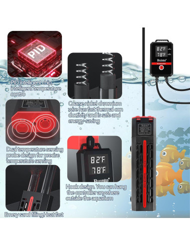 Calentador de Acuario Buinto 1200W Sumergible con Control LED