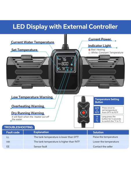 Calentador de Acuario Hygger 1000W Sumergible con Pantalla LED